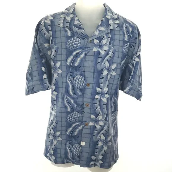 Tommy Bahama Mens L Hawaiian 100% Silk Shirt S/S Blue Floral Button Up Lg Shirts